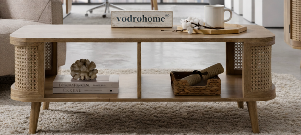 vodrohome® Rattan Coffee Table With storage – cane center table with shelf for storage – bohemian solid mango wood coffee table for office and living room