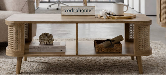 vodrohome® Rattan Coffee Table With storage – cane center table with shelf for storage – bohemian solid mango wood coffee table for office and living room