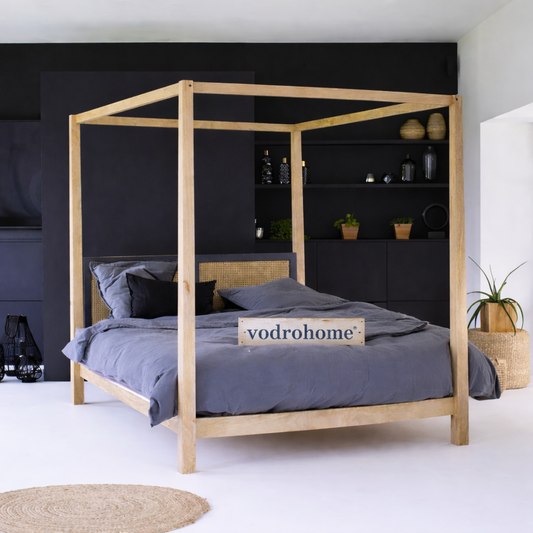 vodrohome® Retreat Solid Mango Wood Four-Poster Bed (Natural & Black) B#015