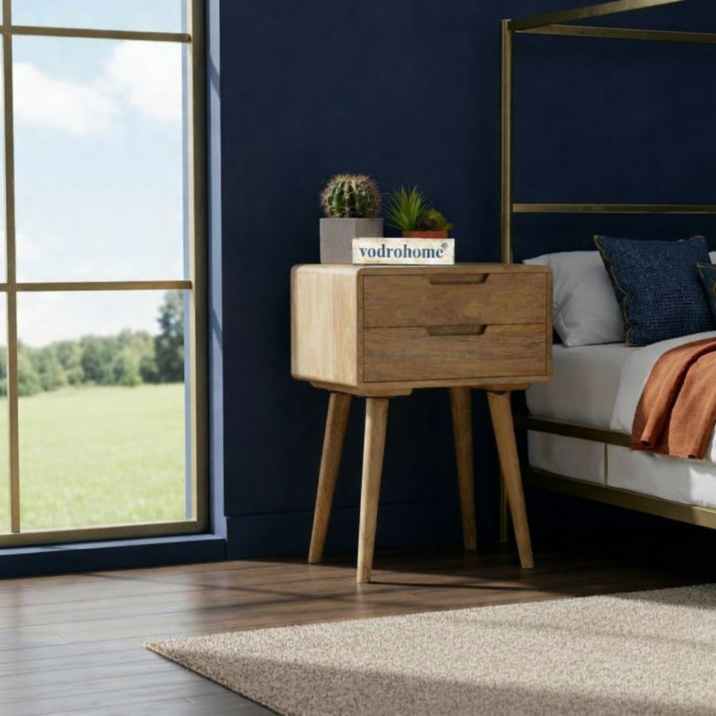 vodrohome® Solid Mango Wood Bedside Table with Tapered Legs – 2 Drawers Night Stand End Table