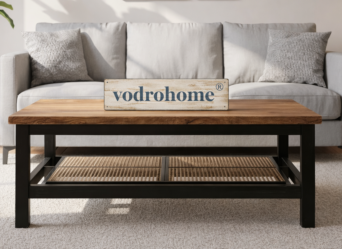 vodrohome® Solid Mango Wood Coffee Table with Rattan Cane – Rectangle Centre Table Ideal Tea Table for Living Rooms
