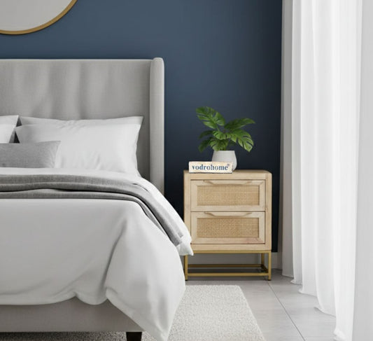 vodrohome Solid Mango Wood Webbed Bedside Table with Two Drawers – Classic Design Night Stand with Iron Base