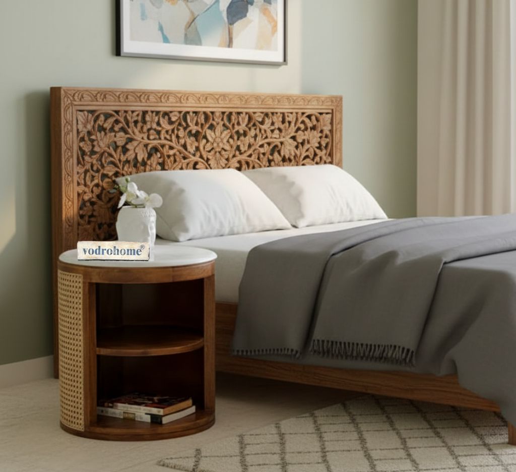 vodrohome® Solid Wood Rattan Side Table with Marble Top – Stylish Cane Bedside Table