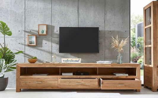 vodrohome® TV Unit Cabinet with 3 Drawers – Solid Sheesham Wood Entertainment Unit
