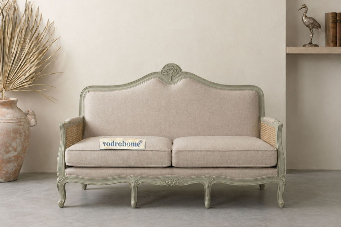 vodrohome Three Seater Rattan Cane Sofa with Wooden Frame Sage Green Finish – Summer Garden Sofa