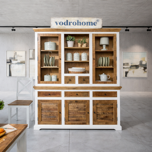 Vodrohome white wave mango wood crockery cabinet | large hutch cabinet | kitchen storage furniture in dual tone –two part display unit