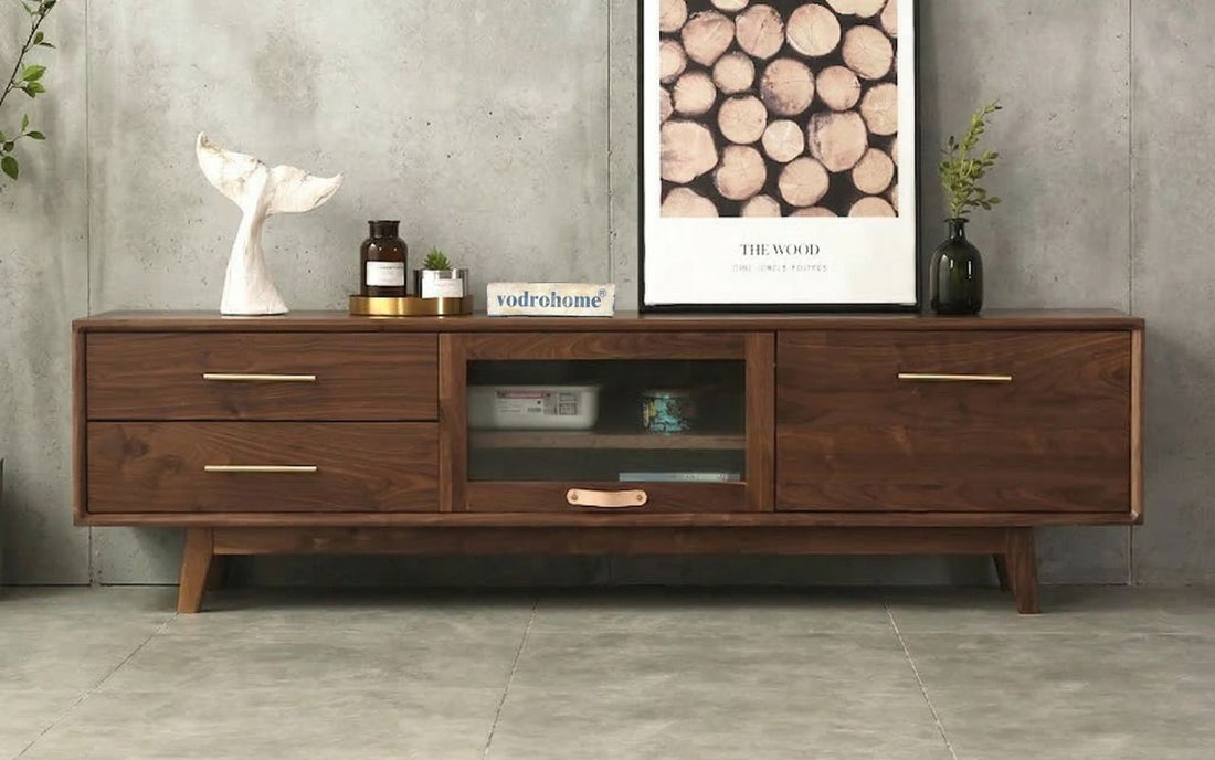 vodrohome Modern TV Unit Cabinet Walnut Finish – Solid Acacia Wood TVC with Flip-Up Doors – TV Consol Table with Set Up Box Shelf