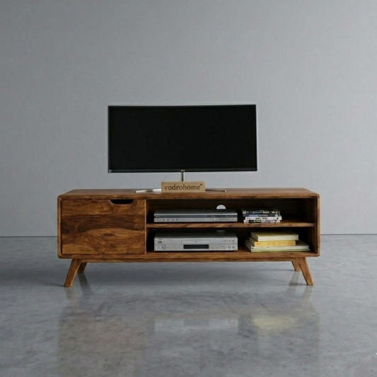 vodrohome Modern TV Unit with Cabinet and Set Up Box Shelf – Solid Sheesham Wood TVC in Honey Finish