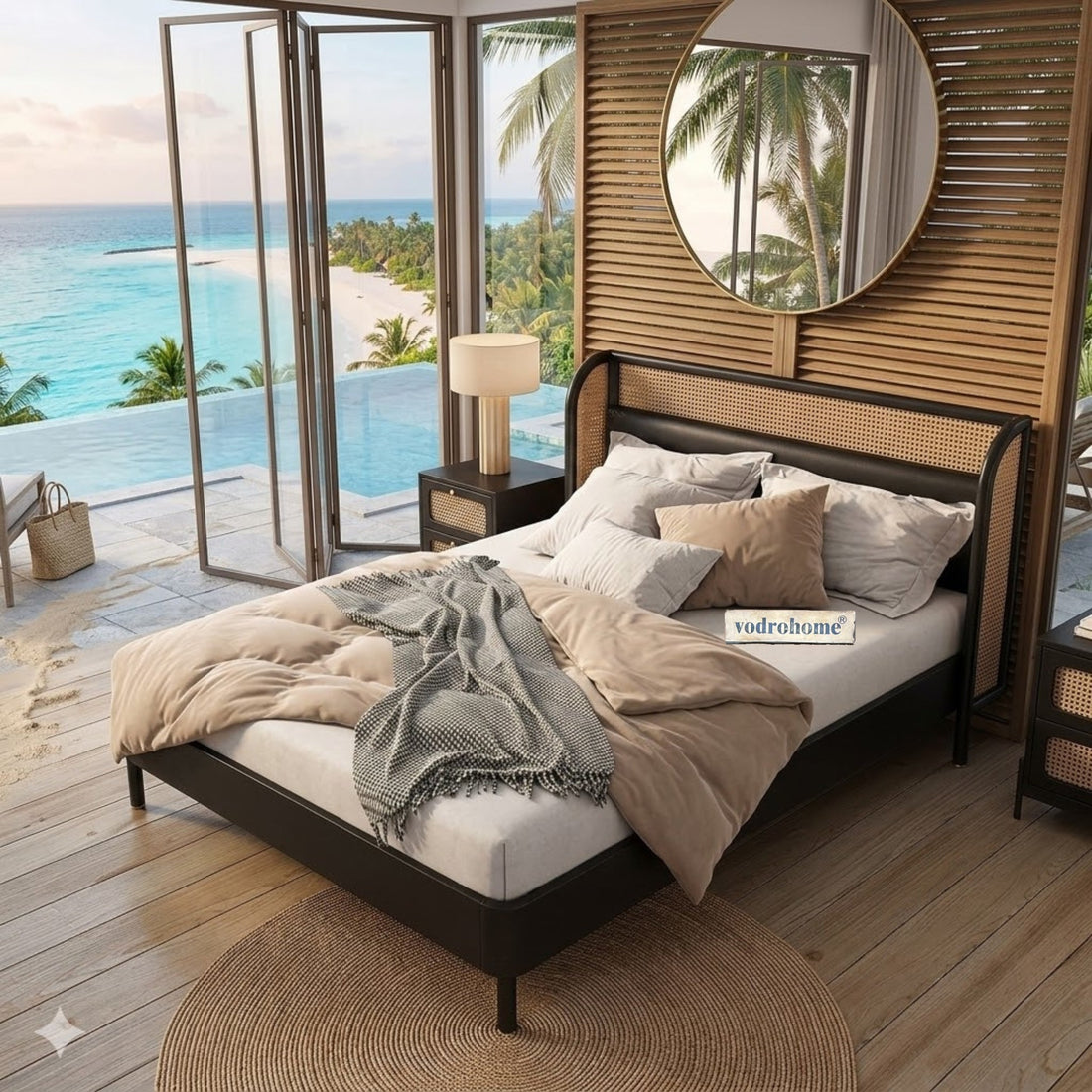 Vodrohome Sheesham Wood Vintage Luxury Standard Rattan Cane Bed