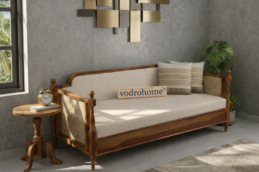 vodrohome® Solid Sheesham Wood Rattan Cane Divan Bed with Mattress – Ethnic Style Hand Carved Indian Day Bed