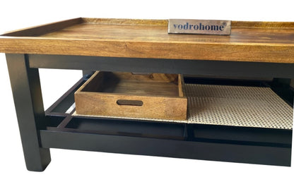 vodrohome solid mango wood coffee table with rattan cane - rectangle centre table ideal tea table for living rooms C#046