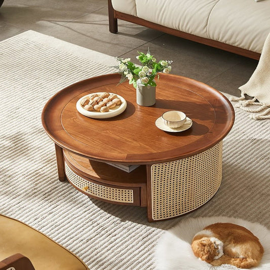 vodrohome rattan coffee table with drawer – cane center table with shelf for storage – bohemian solid mango wood coffee table for office and living room C#099 Variation