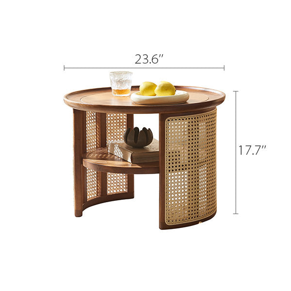 vodrohome Rattan Coffee Table – cane center table with shelf for storage – bohemian solid mango wood coffee table for office and living room C#056