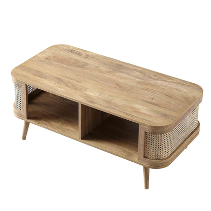 vodrohome Rattan Coffee Table With storage – cane center table with shelf for storage – bohemian solid mango wood coffee table for office and living room C#061