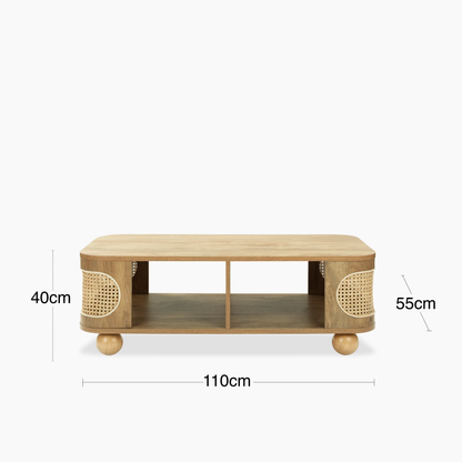 vodrohome Rattan Coffee Table With storage–cane center table with shelf for storage – bohemian solid mango wood coffee table for office and living room C#077