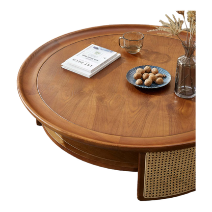 vodrohome Rattan Coffee Table – cane center table with shelf for storage – bohemian solid mango wood coffee table for office and living room C#081