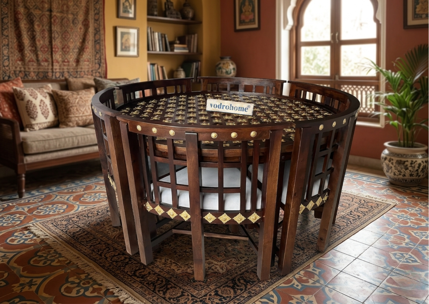 Vodro sheesham solid Wood Dining Set – heritage round Dining Set six & Four seater DT#006