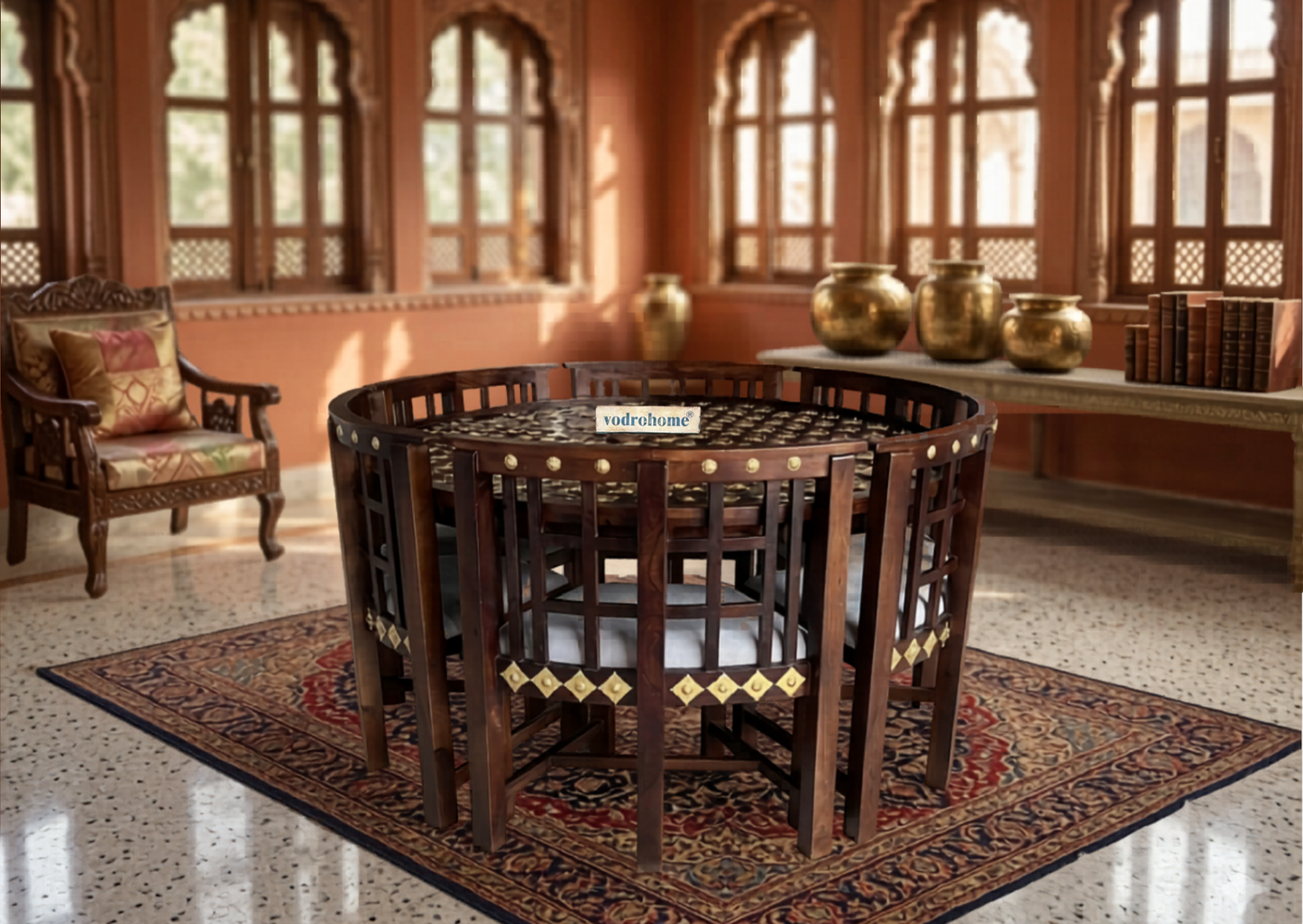Vodro sheesham solid Wood Dining Set – heritage round Dining Set six & Four seater DT#006