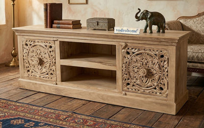 vodrohome Luxurious tv unit cabinet  – entertainment unit - solid mango wood carved  tvc – tv consol table with set up box shelf classic style 183x38x61 cm  TV#019