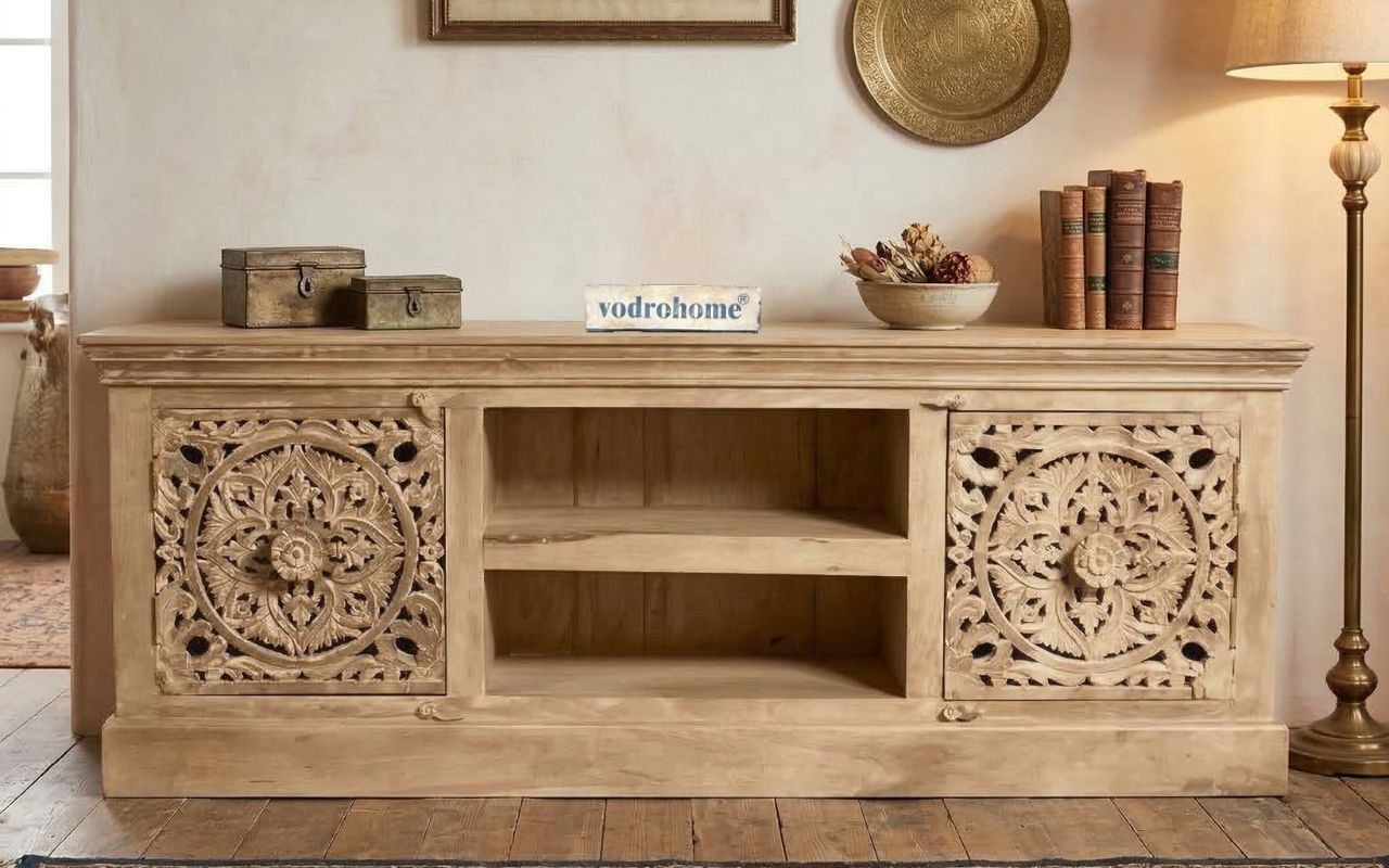 vodrohome Luxurious tv unit cabinet  – entertainment unit - solid mango wood carved  tvc – tv consol table with set up box shelf classic style 183x38x61 cm  TV#019