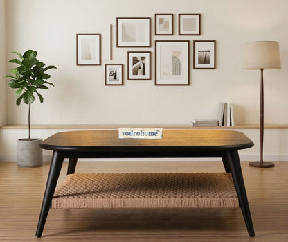vodrohome guthai coffee table – bohemian center table with jute hand weaving shelf -  mango wood gujrati sofa set table teapoy C#039