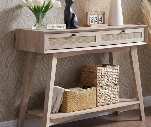 vodrohome  2 Drawer cane consol table with open shelf for hallway - rattan console tables for entryway CO#005