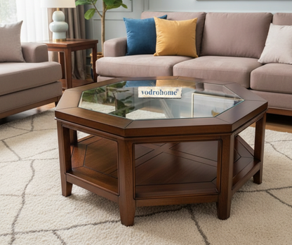 vodrohome tea table for living room – mango wood coffee table with storage shelf – center table - sofa set table furniture octagonal tea table coffee table with glass C#050