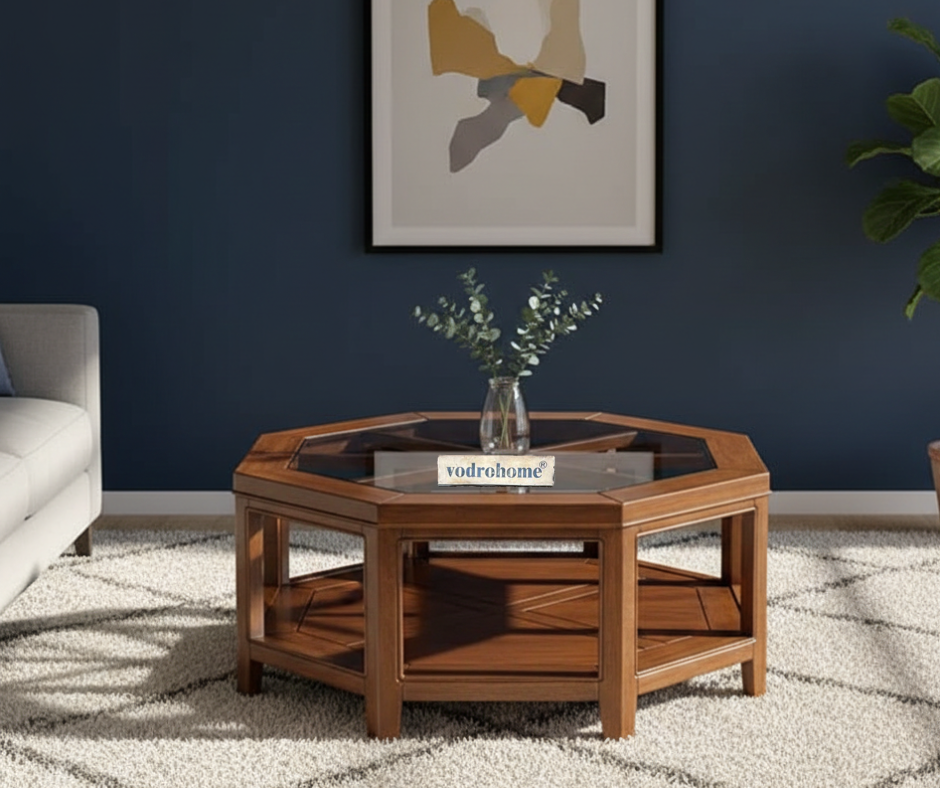 vodrohome tea table for living room – mango wood coffee table with storage shelf – center table - sofa set table furniture octagonal tea table coffee table with glass C#050