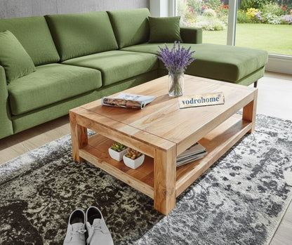 vodrohome Acacia Wood Coffee Table With Shelf For Living Room Natural Finish – Conference Table For Office Room C#011