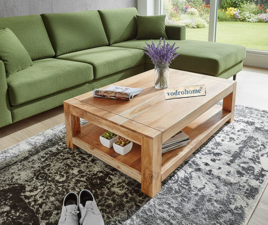 vodrohome Acacia Wood Coffee Table With Shelf For Living Room Natural Finish – Conference Table For Office Room C#011