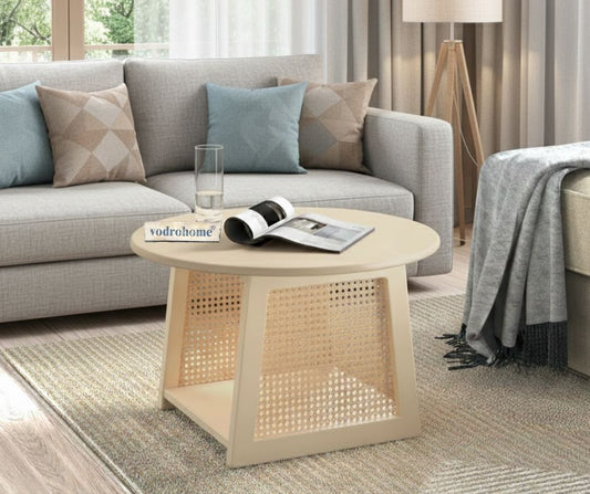 vodrohome Rattan Coffee Table – cane center table with cane shelf for storage – bohemian solid Mango wood coffee table for office and living room C#036