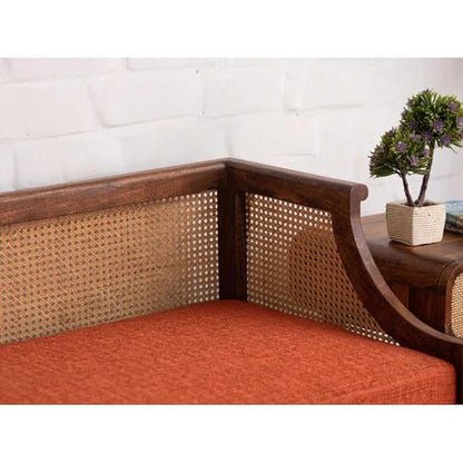 vodrohome two seater rattan cane sofa with wooden frame teak finish| fabric lounge sofa | cotton linen sofa SO#023