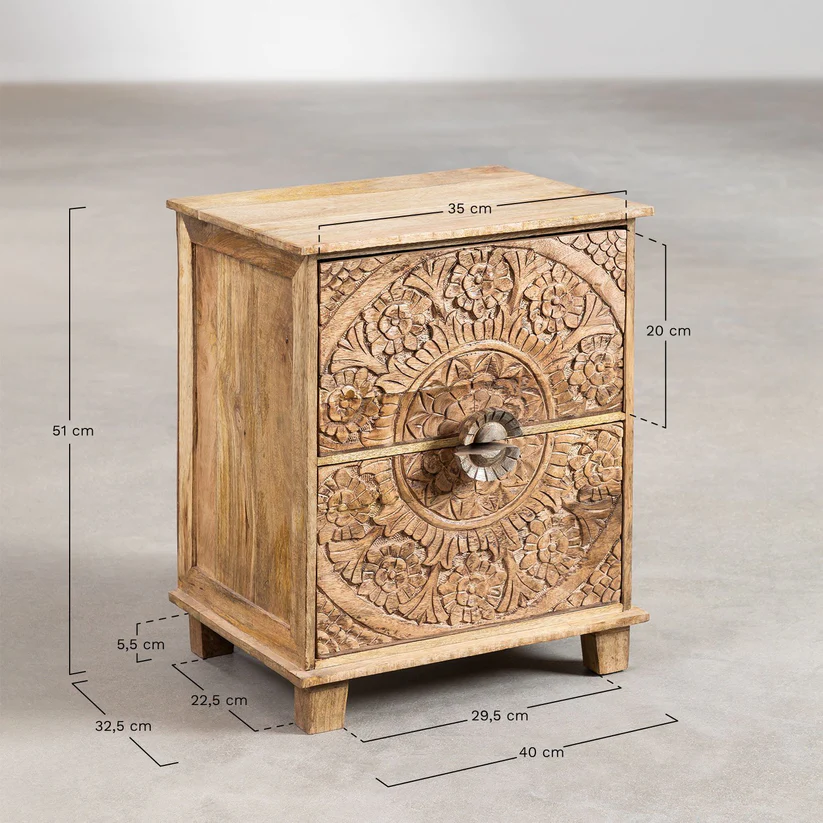 Vodrohome mango wood bedside table with two drawers – classic design night stand with beautiful carving  40x33x51 cm S#018 - vodrohome