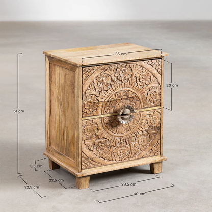 Vodrohome mango wood bedside table with two drawers – classic design night stand with beautiful carving  40x33x51 cm S#018 - vodrohome