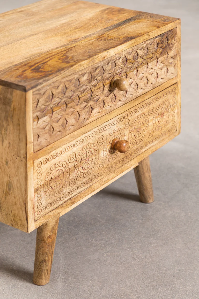 Vodrohome mango wood bedside table with two drawers – classic design night stand with beautiful carving  50x35x45  cm S#019 - vodrohome