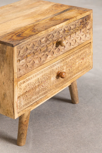 Vodrohome mango wood bedside table with two drawers – classic design night stand with beautiful carving  50x35x45  cm S#019 - vodrohome
