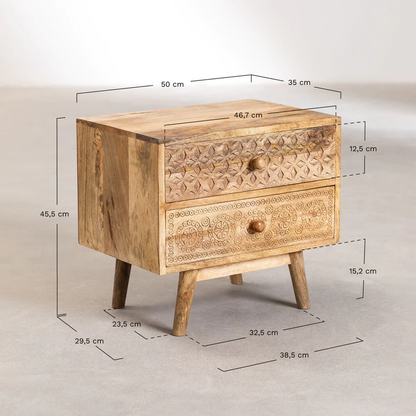 Vodrohome mango wood bedside table with two drawers – classic design night stand with beautiful carving  50x35x45  cm S#019 - vodrohome