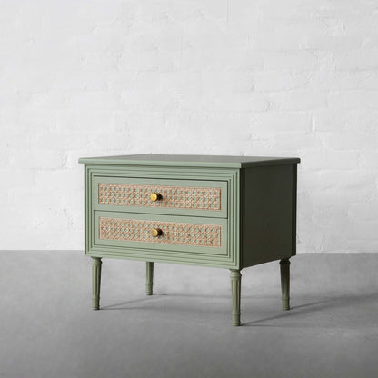 Vodrohome solid wood rattan night stand table sage green - two drawers bed side table night stand 76x41x51 cm  S#033 - vodrohome