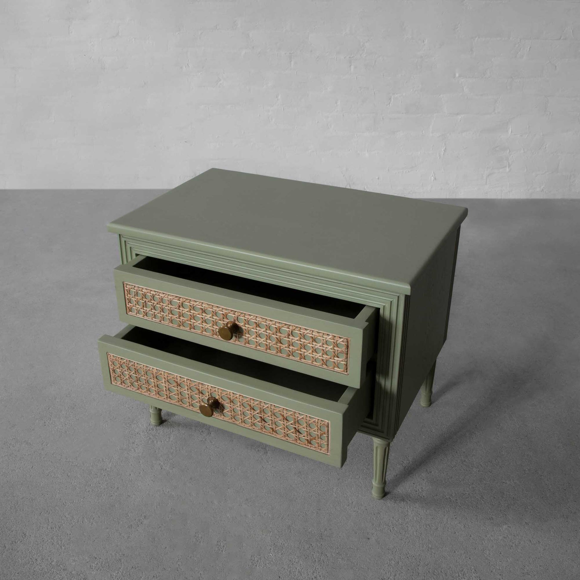 Vodrohome solid wood rattan night stand table sage green - two drawers bed side table night stand 76x41x51 cm  S#033 - vodrohome