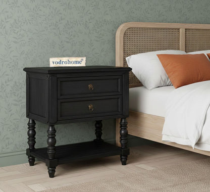 Vodrohome solid sheesham wood nightstand table with two drawers and a shelf - olympus bedside table in matt black 65x48x70 Cm  S#015