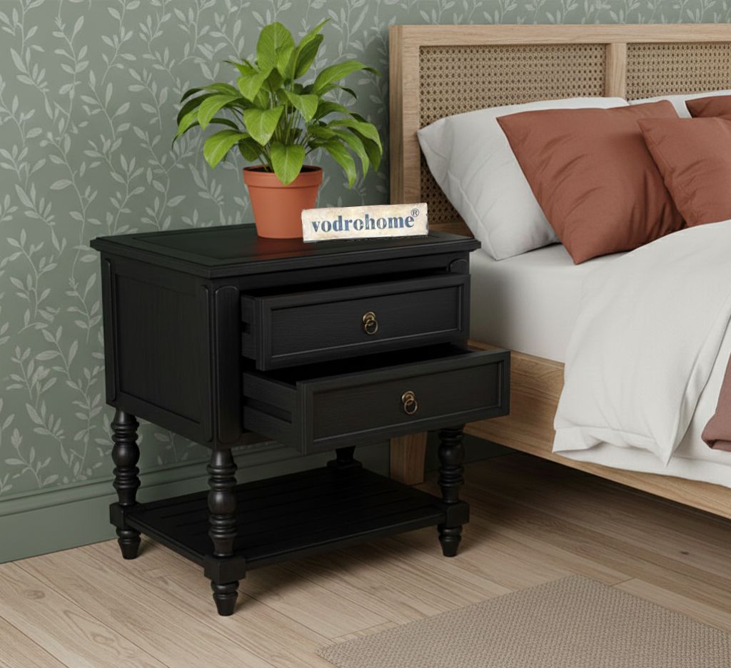 Vodrohome solid sheesham wood nightstand table with two drawers and a shelf - olympus bedside table in matt black 65x48x70 Cm  S#015