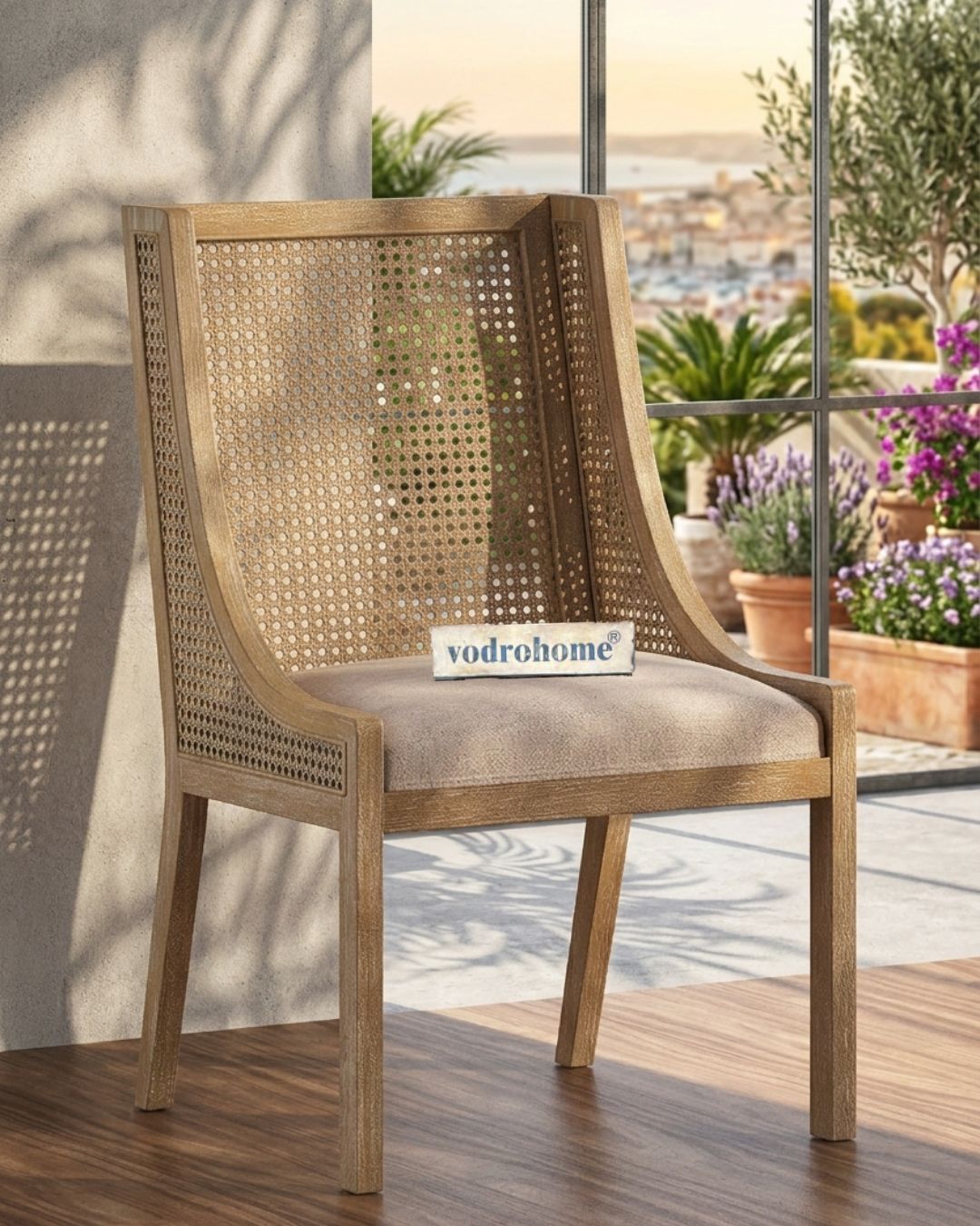 vodrohome Rustic Fabric Upholstered mango Wood and Cane Dining Chairs, Beige and Natural 58x61x96cm CH#0015