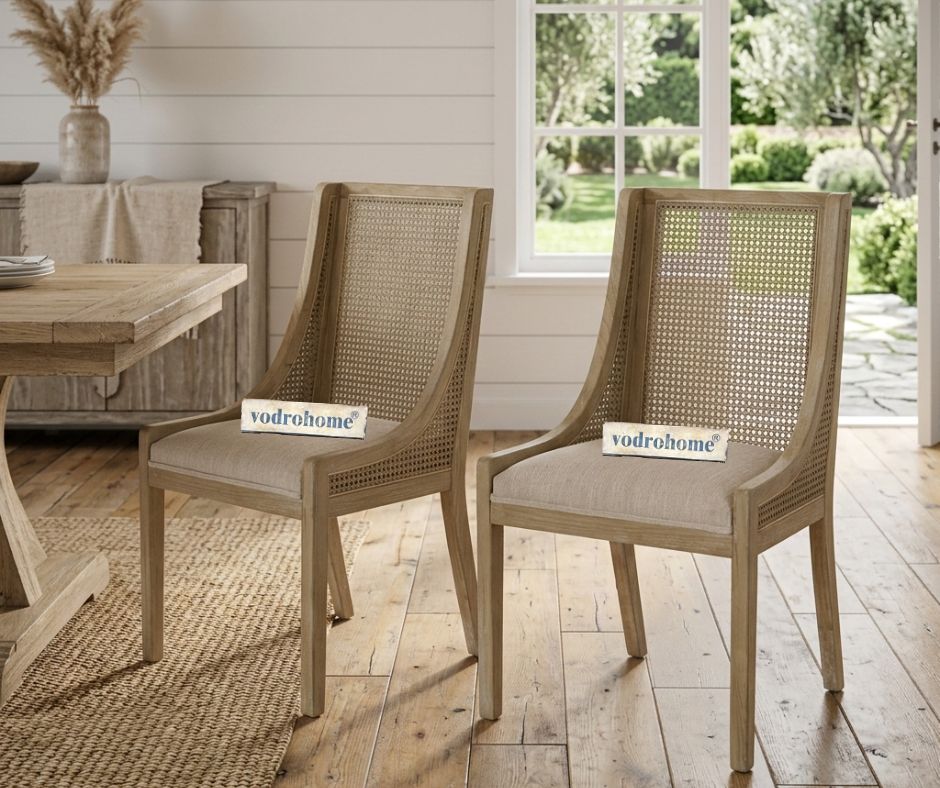 vodrohome Rustic Fabric Upholstered mango Wood and Cane Dining Chairs, Beige and Natural 58x61x96cm CH#0015