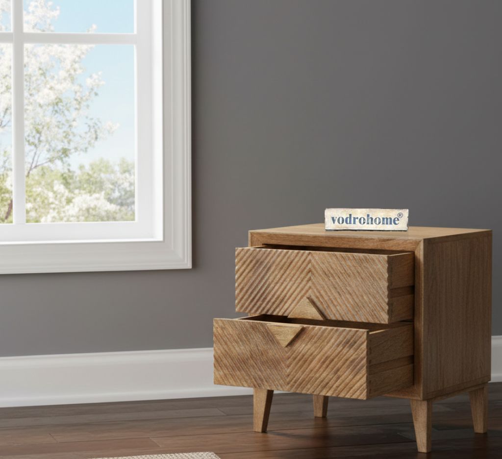 Vodrohome solid mango wood bedside table with boho-chic style natural finish 50x35x50 cm S#026