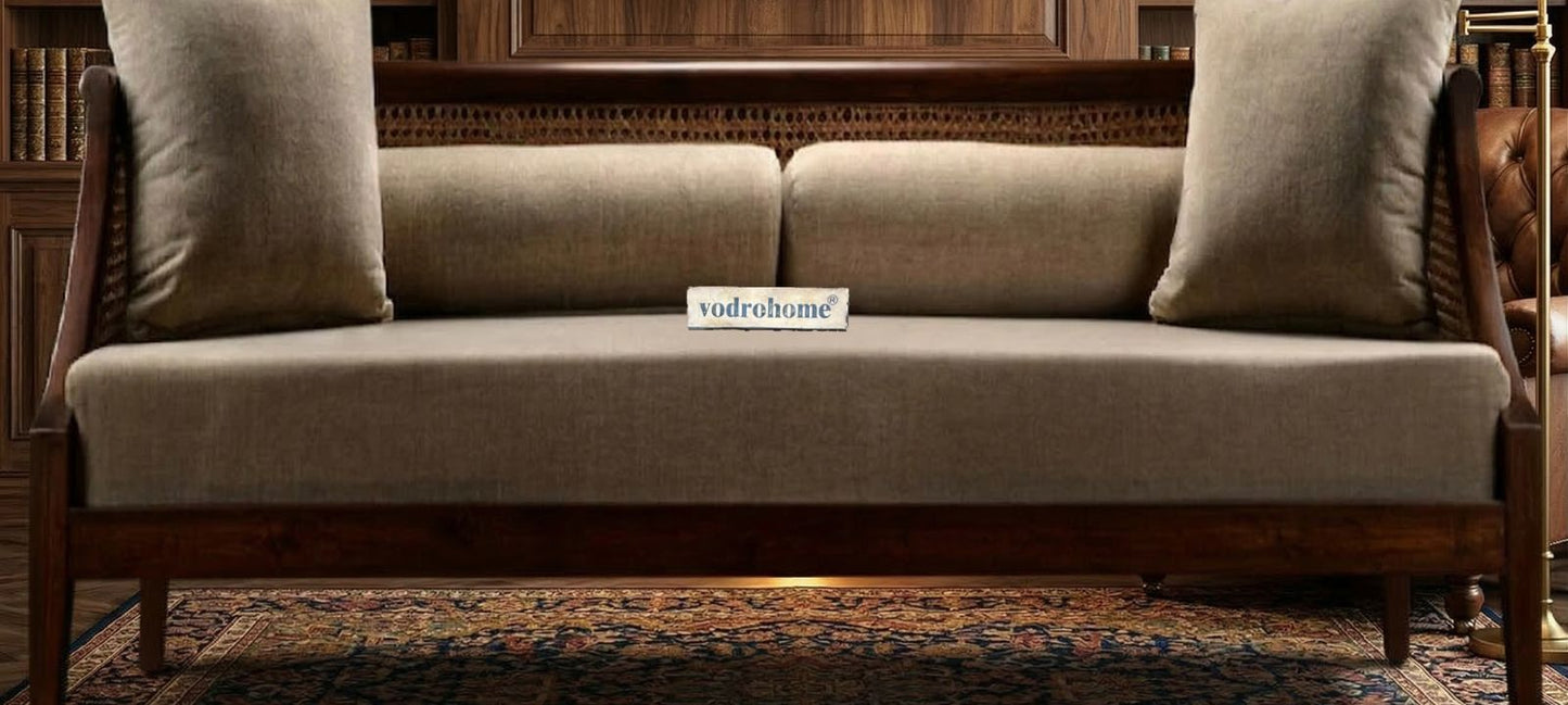 vodrohome three seater rattan cane sofa with wooden frame teak finish| fabric lounge sofa | cotton linen sofa SO#006