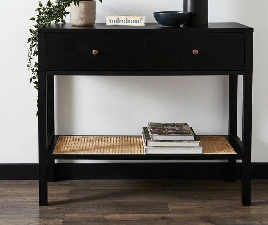 vodrohome 2 Drawer cane consol accent table with open shelf for hallway - rattan console tables for entryway CO#007