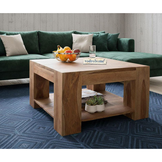 vodrohome Sheesham Wood Square Coffee Table With Storage Shelf For Living Room Natural Finish – Tea Table In Contemprory Style For Confrence Room C#010