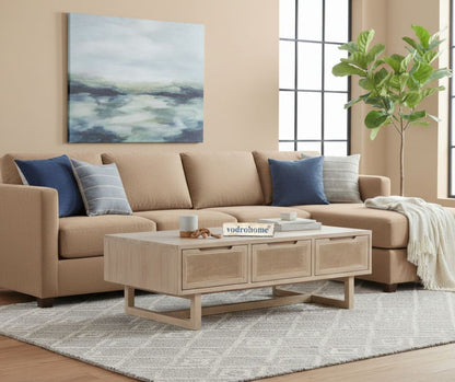 vodrohome Rattan Coffee Table – cane center table with three drawers for storage – solid Sheesham wood coffee table for office and living room C#021