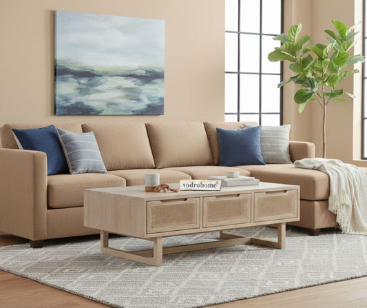 vodrohome Rattan Coffee Table – cane center table with three drawers for storage – solid Sheesham wood coffee table for office and living room C#021