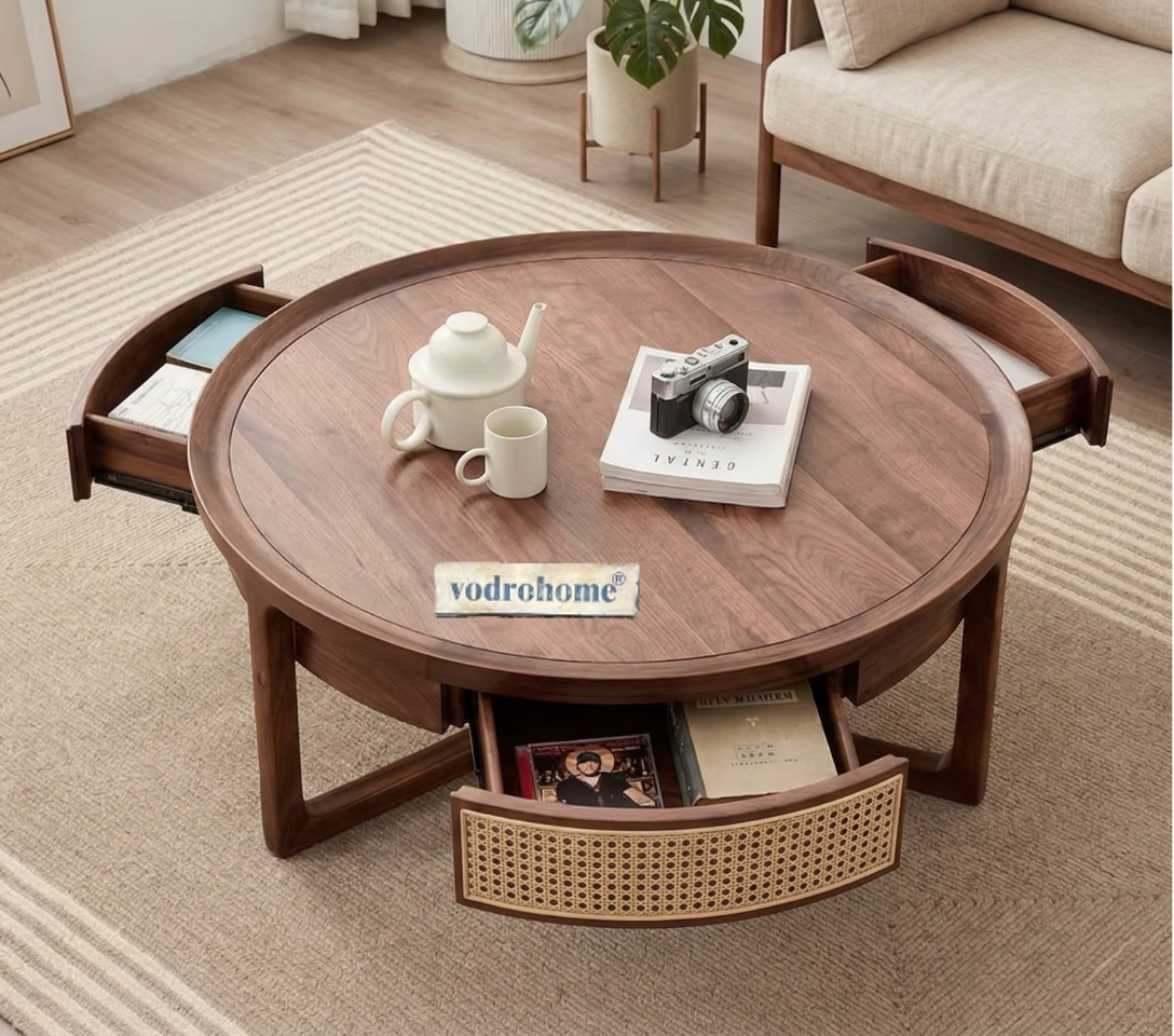 vodrohome Rattan Coffee Table With Drawer – cane center table with for storage – bohemian solid mango wood coffee table for office and living room C#083
